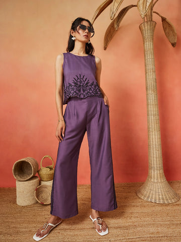 Lavender cotton Silk Embroidered A-line Crop Top and Palazzo Co-ords set