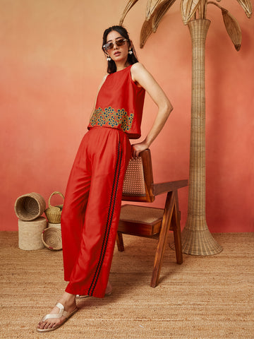 Women's Cotton Blend  Embroidered A-line Tunice and Palazzo Co-ords set