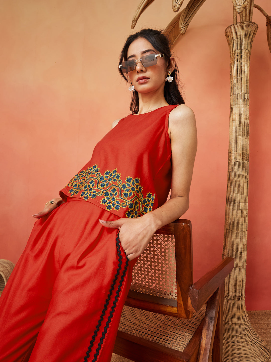 Red Cotton Blend Embroidered A-line Kurta and Palazzo Co-ord Set