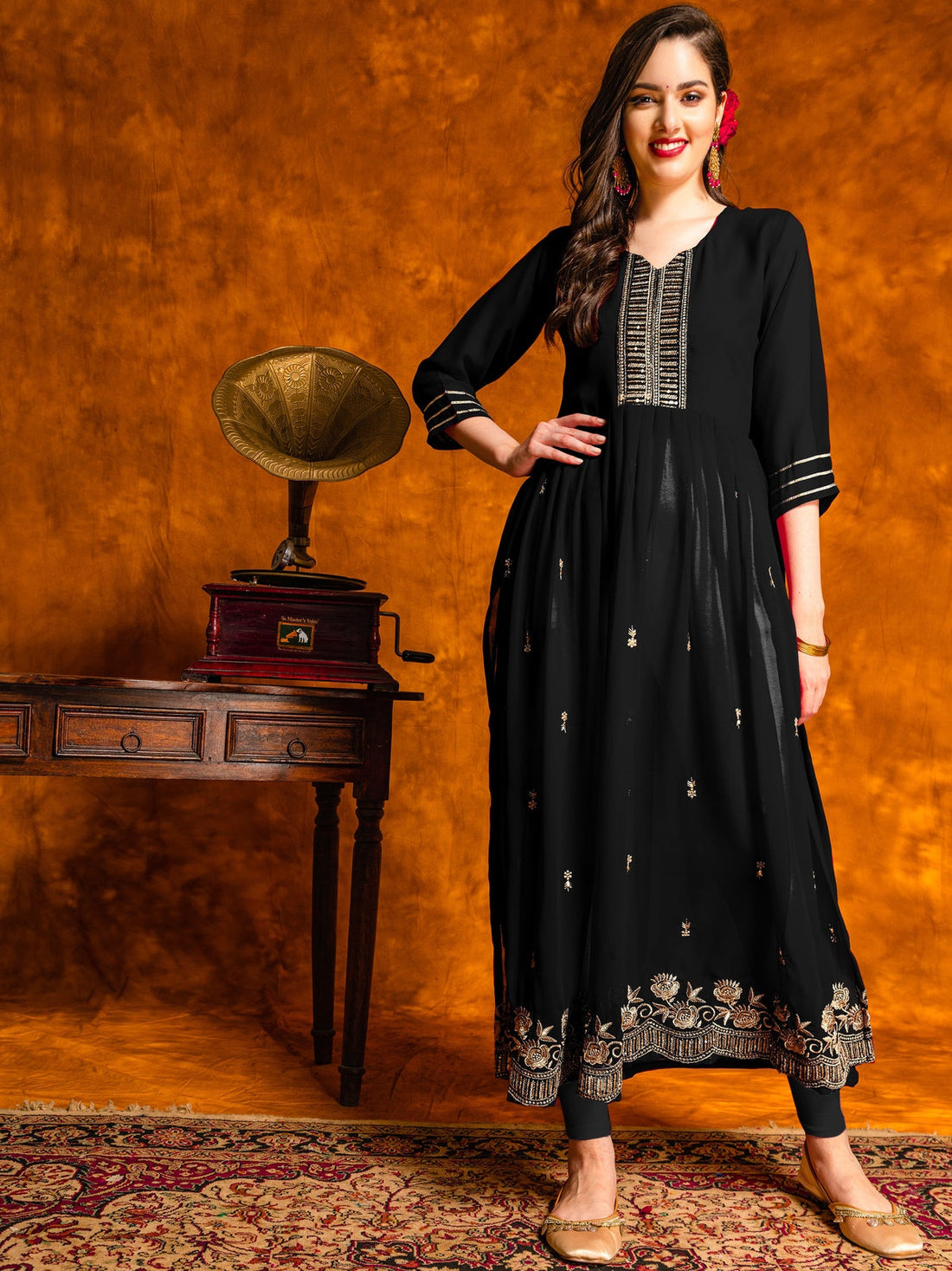 Georgette Black Embroidered Naira Cut Kurta Pant Set