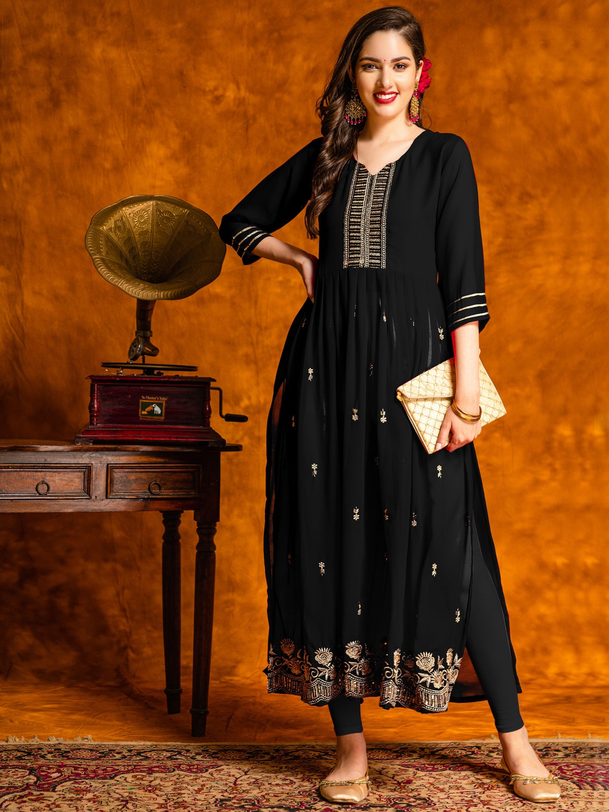 Georgette Black Embroidered Naira Cut Kurta Pant Set