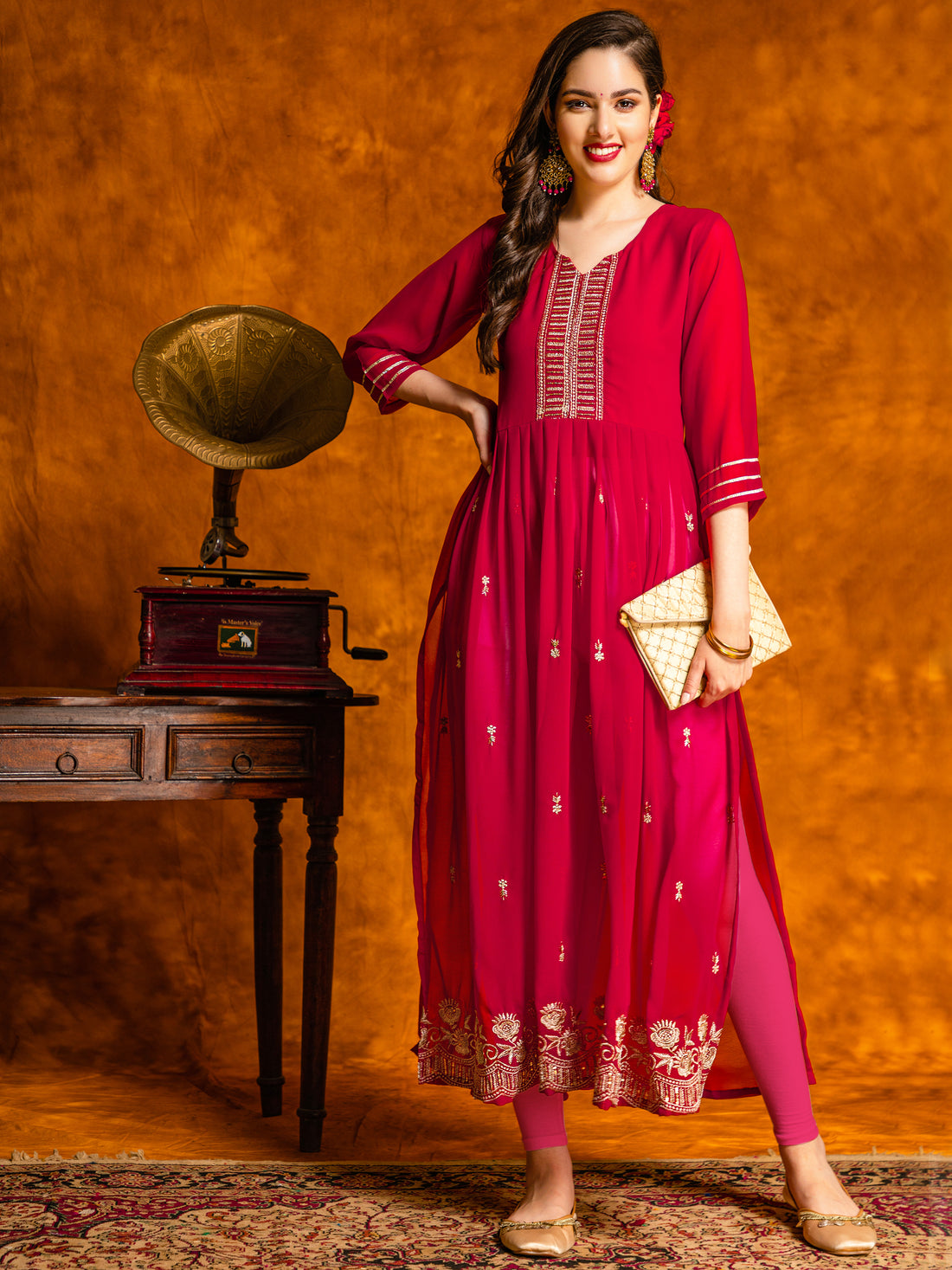 Cherry Red Georgette Embroidered Naira Cut Kurta