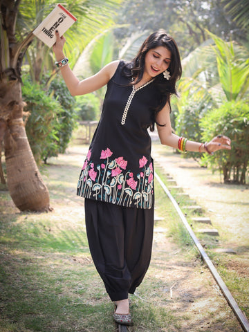 Black Rayon Floral Embroidered Straight Sleeveless Kurti With Afghani Pant Set