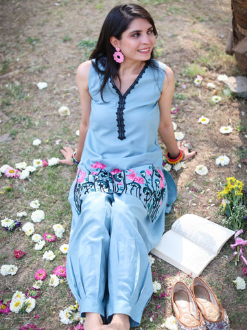 Dusty Green Rayon Floral Embroidered  Summer Wear Straight Sleeveless Kurti With Afghani Pant Set