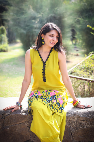 Paroot Green Rayon Floral Embroidered  Summer Wear Straight Sleeveless Kurti With Afghani Pant Set