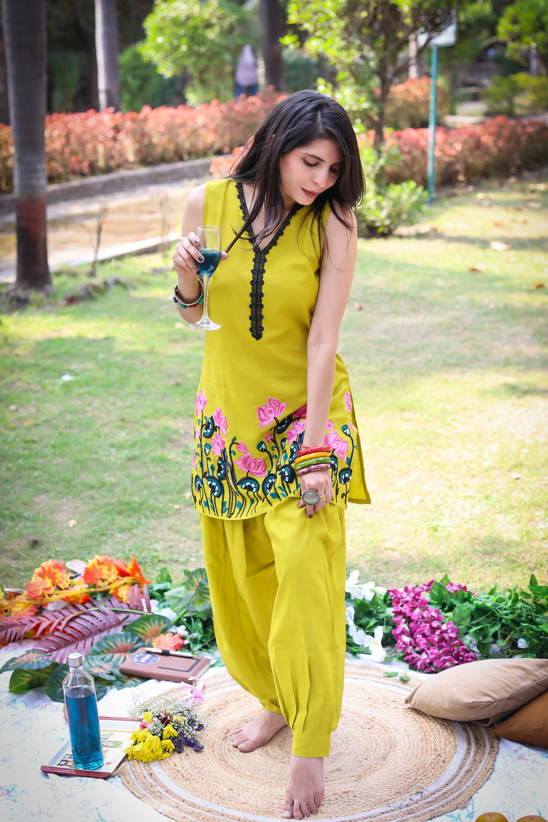 Paroot Green Rayon Floral Embroidered  Summer Wear Straight Sleeveless Kurti With Afghani Pant Set