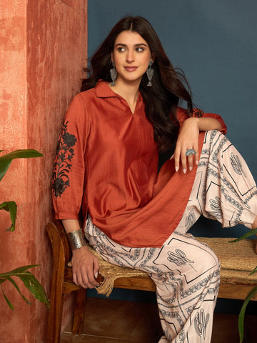 Orange Cotton Silk Embroidered Straight Kurta With Salwar Suit Set co ord set