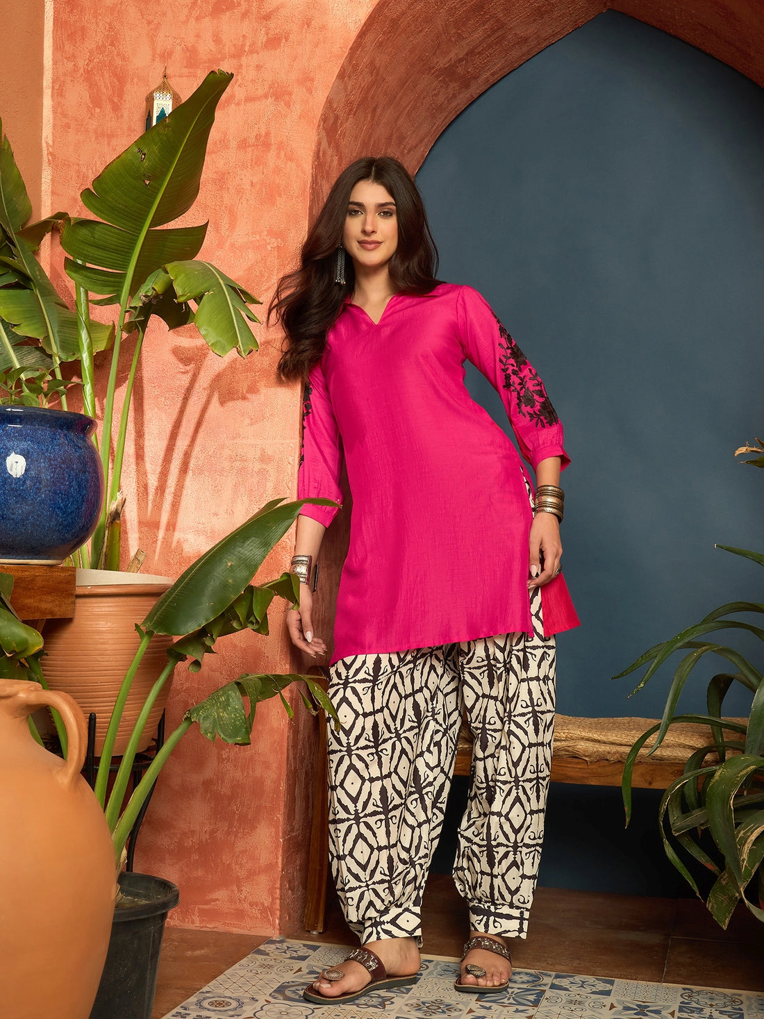 Pink Cotton Silk Embroidered Straight Kurta With Salwar Suit Set co ord set