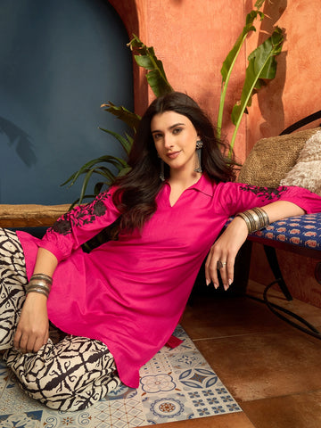 Pink Cotton Silk Embroidered Straight Kurta Co-ord Set
