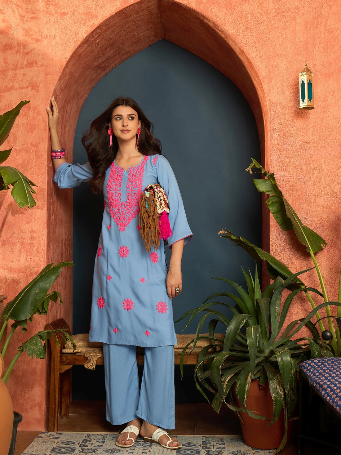 Viscose Rayon Embroidered Work A-line Kurta Palazzo Set (blue)