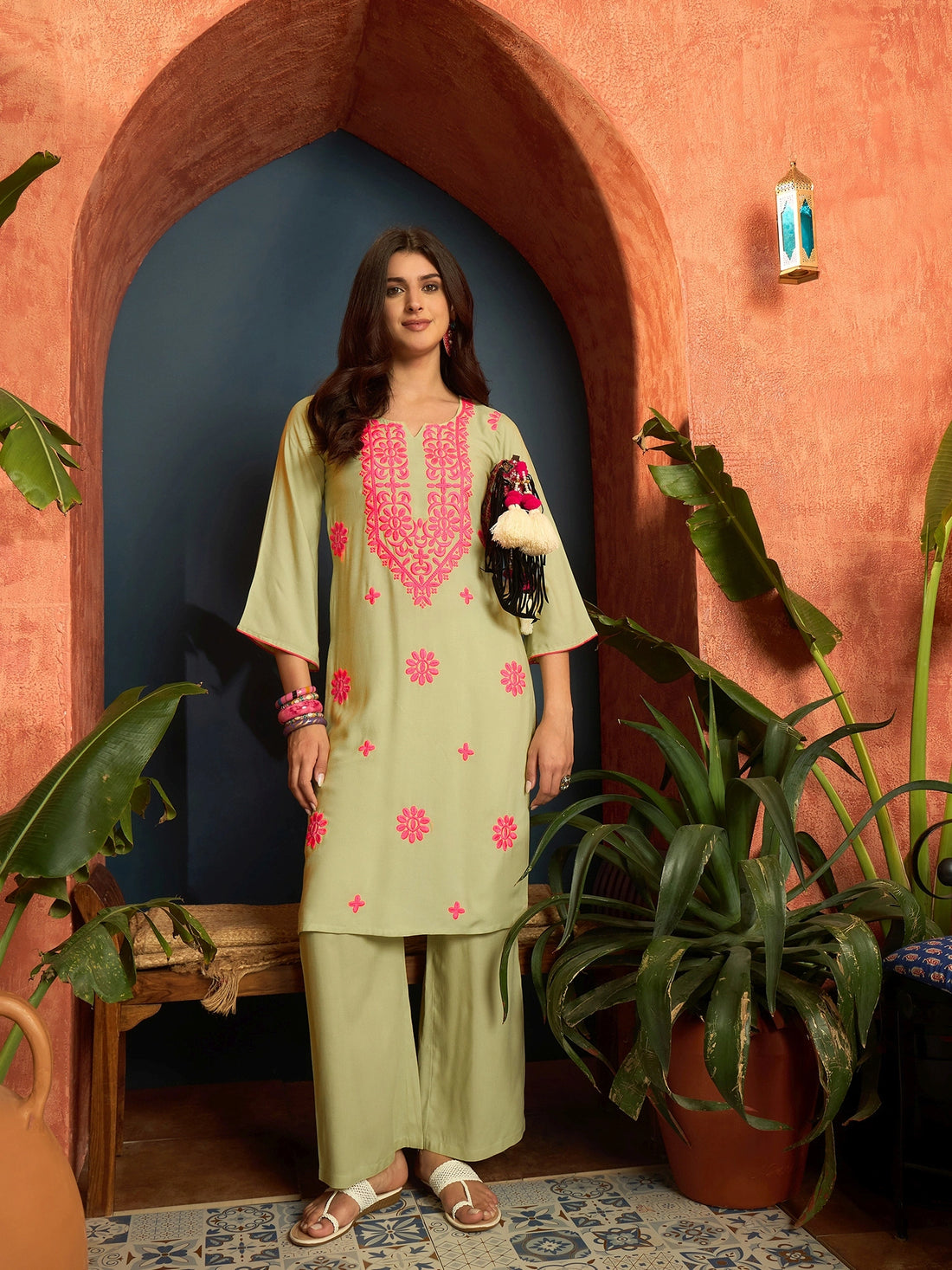 Viscose Rayon Embroidered Work A-line Kurta Palazzo Set (Light Green)