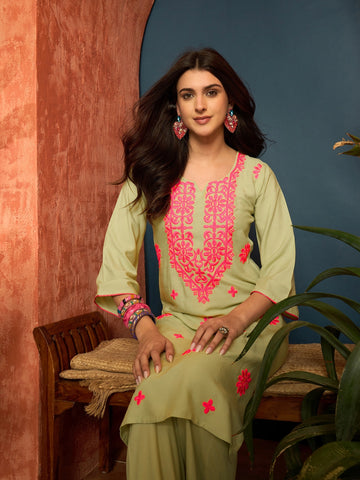 Viscose Rayon Embroidered Work A-line Kurta Palazzo Set (Light Green)