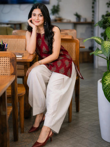 Maroon Cotton Blend Block Print Straight Kurta with Farshi Salwar Set| Co-ords set