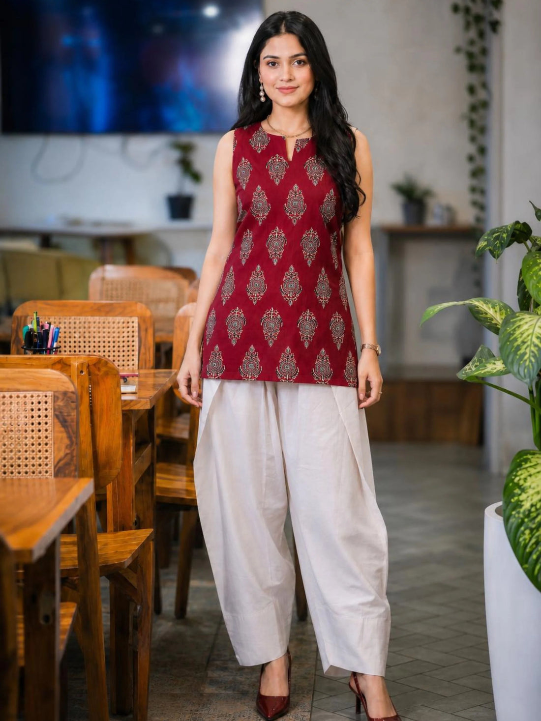 Maroon Cotton Blend Block Print Straight Kurta with Farshi Salwar Set| Co-ords set