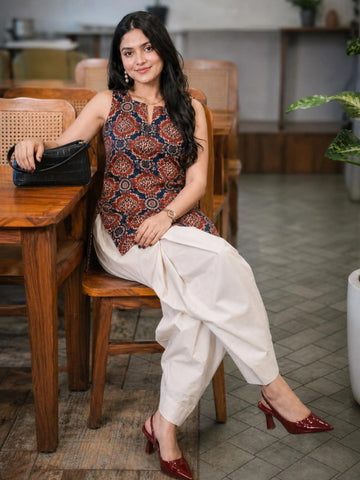 Rust Cotton Blend Ajrak Block Print Straight Short Kurti with Farshi Salwar Set