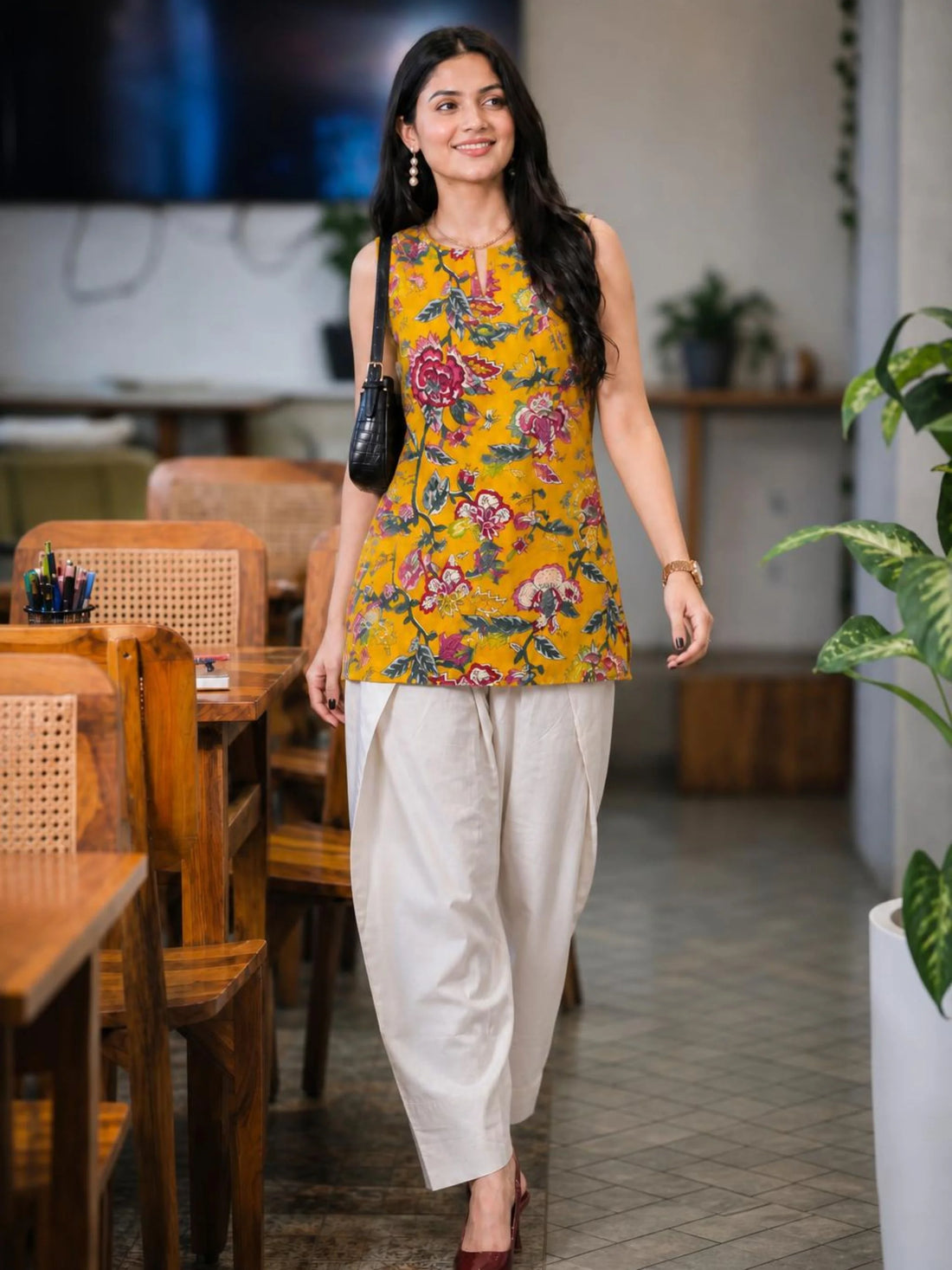 Yellow Cotton Blend Floral Print Straight Short Kurti with Farshi Salwar Set