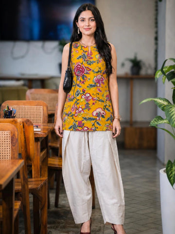 Yellow Cotton Blend Floral Print Straight Short Kurti with Farshi Salwar Set