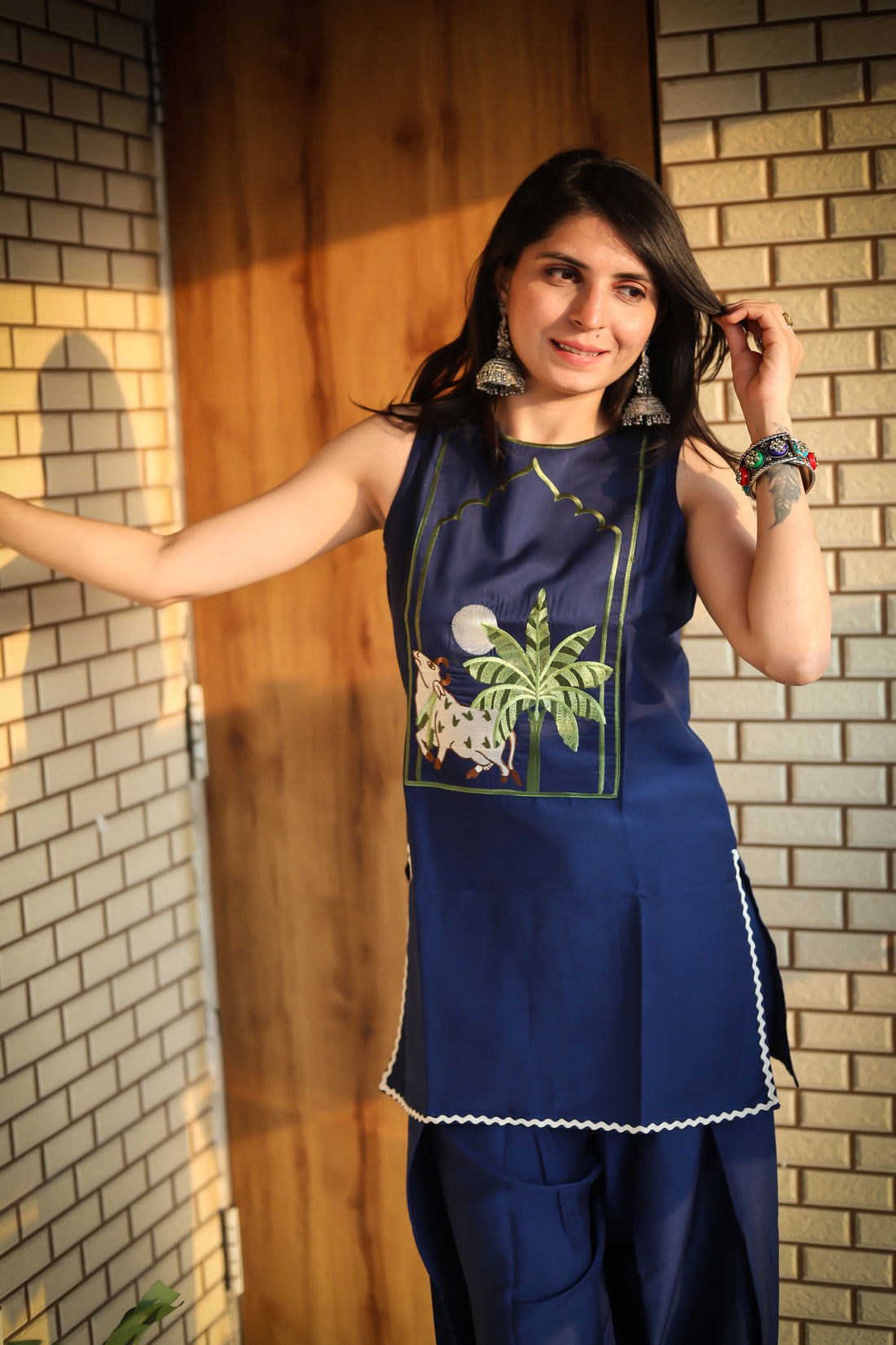 Navy Blue Cotton Silk Embroidered Straight Kurta with Farshi Salwar Set