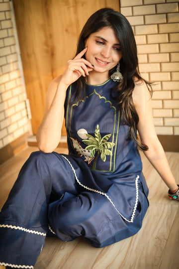 Navy Blue Cotton Silk Embroidered Straight Kurta with Farshi Salwar Set