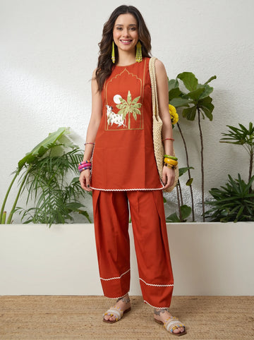 Orange Cotton Silk Embroidered Straight Kurta with Farshi Salwar Set