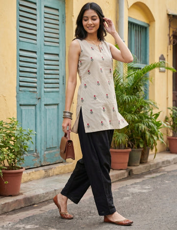 Cotton Embroidered And Stripes Work Summer Wear Sleeveless Straight Kurti With farshi Salwar (Beige)
