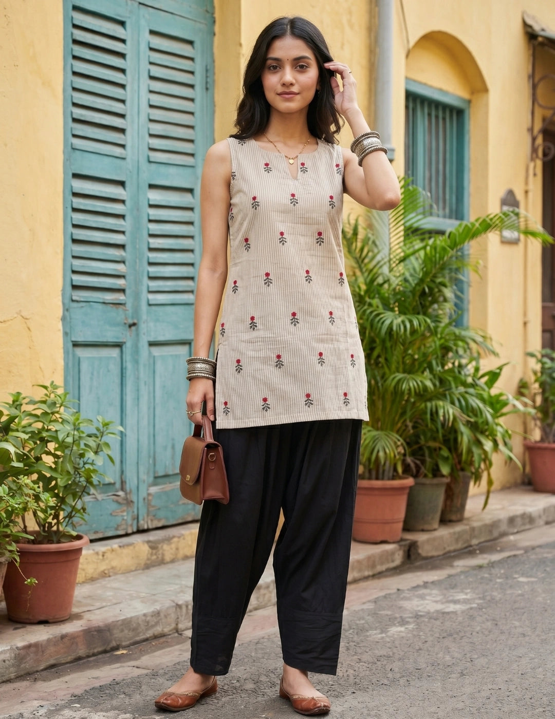 Cotton Embroidered And Stripes Work Summer Wear Sleeveless Straight Kurti With farshi Salwar (Beige)