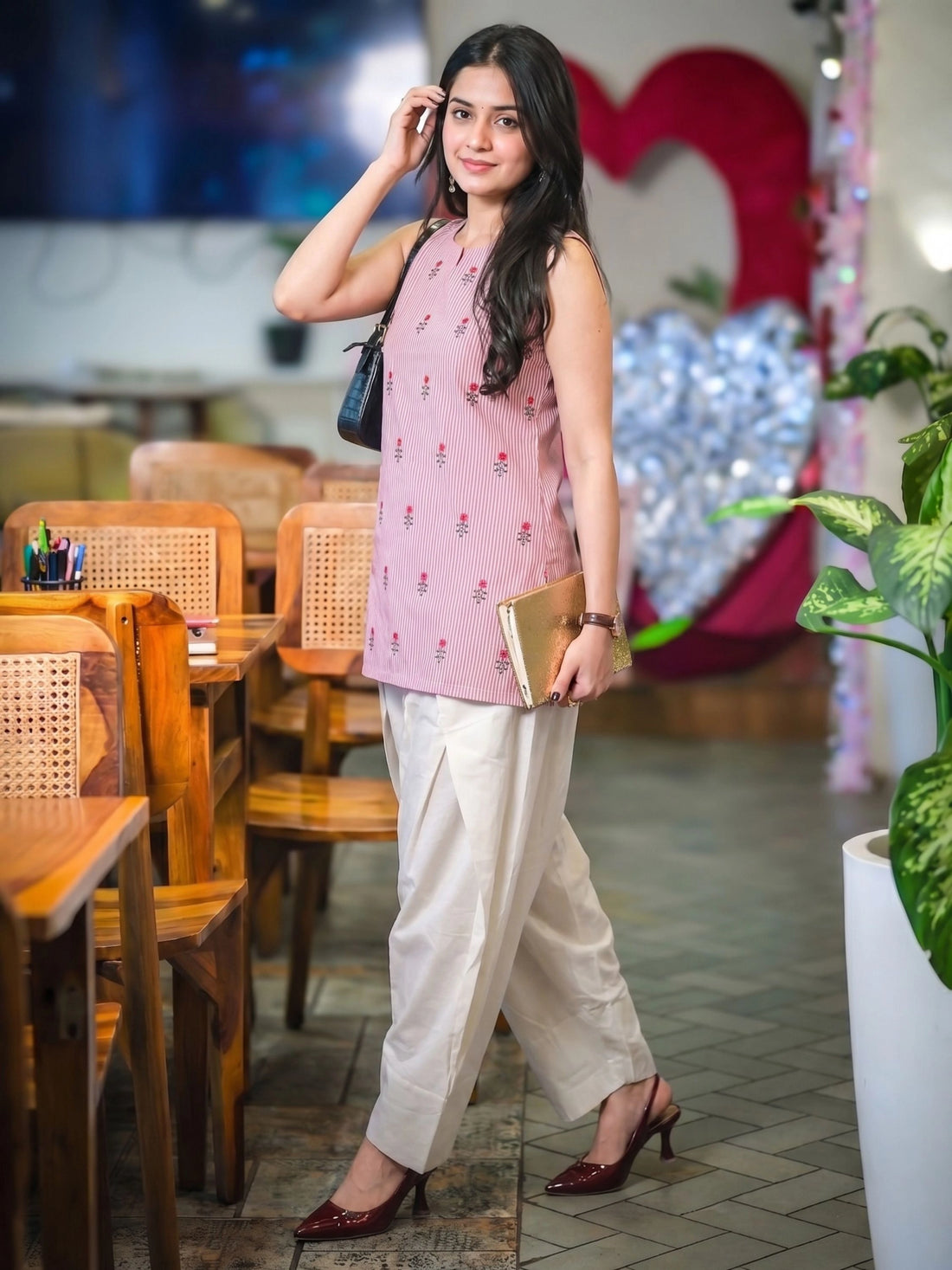 Cotton Pink Embroidered And Stripes Work Summer Wear Straight Kurti With farshi Salwar