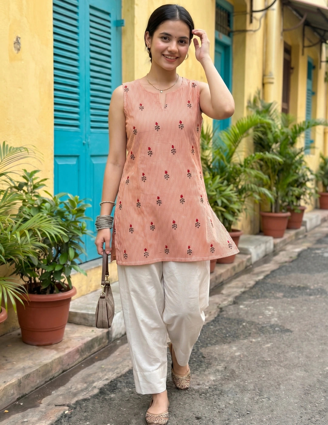 Cotton Embroidered And Stripes Work Summer Wear Sleeveless Straight Kurti With farshi Salwar (Orange)