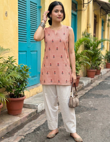 Cotton Embroidered And Stripes Work Summer Wear Sleeveless Straight Kurti With farshi Salwar (Orange)