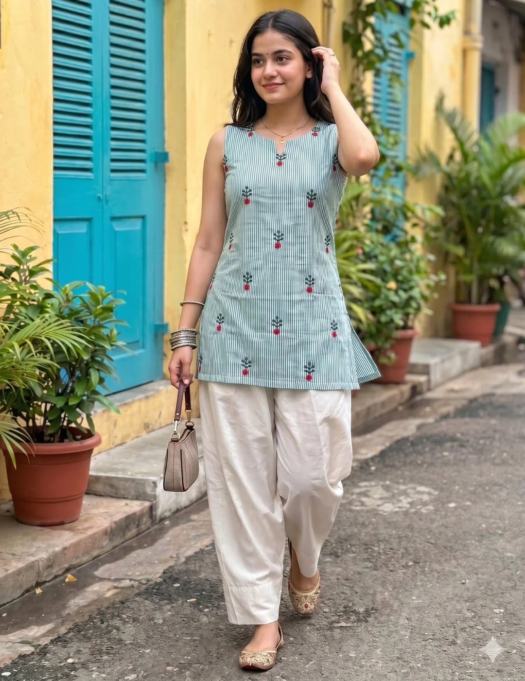 Rama Cotton Embroidered And Stripes Work Straight Sleeveless Kurti With farshi Salwar