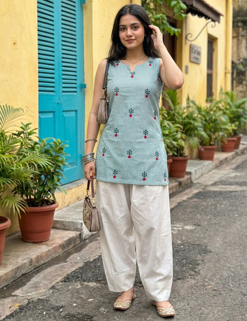 Rama Cotton Embroidered And Stripes Work Straight Sleeveless Kurti With farshi Salwar
