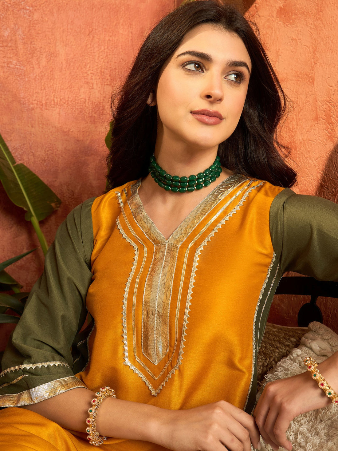 Mustard Cotton Silk gota patti Work High-Low Kurti With farshi Salwar