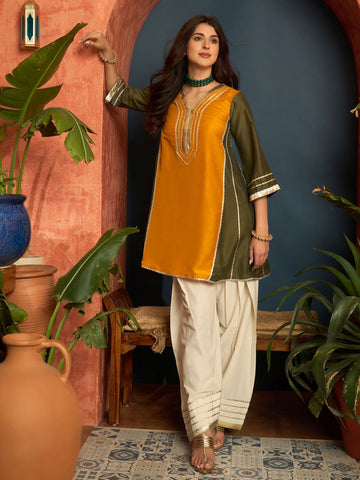 Mustard Cotton Silk gota patti Work High-Low Kurti With farshi Salwar