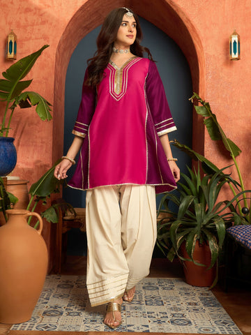 Pink Cotton Silk gota patti Work High-Low Kurti With farshi Salwar