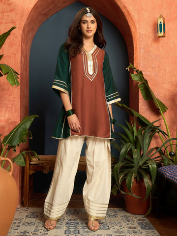 Rust Cotton Silk gota patti Work High-Low Kurti With farshi Salwar