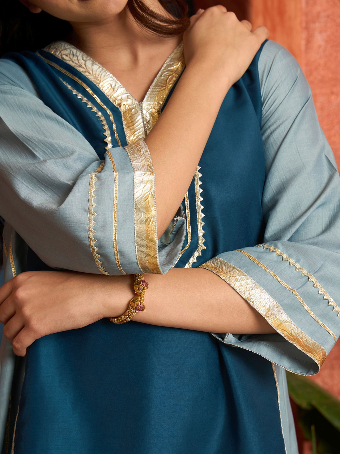Teal Blue Cotton Silk gota patti Work High-Low Kurti With farshi Salwar