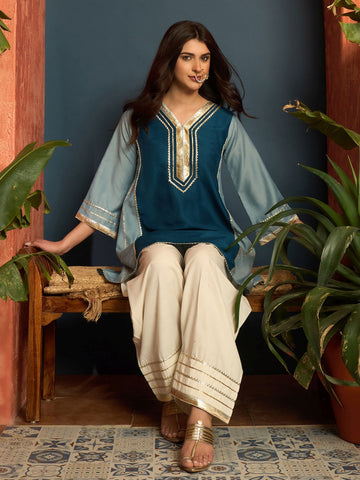 Teal Blue Cotton Silk gota patti Work High-Low Kurti With farshi Salwar