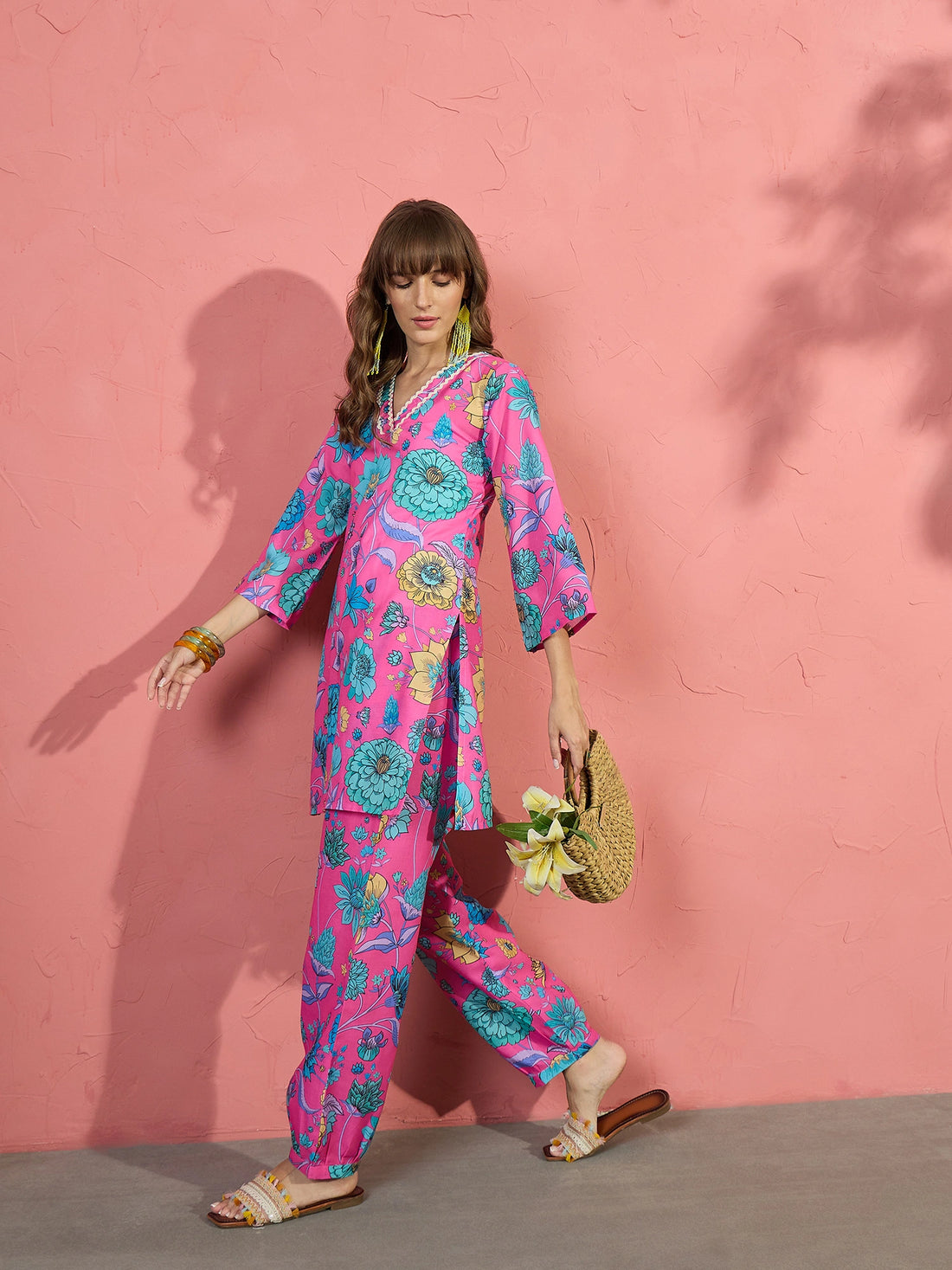 Cotton Blend  Floral Print Summer Wear Straight Co-ords Set (Pink)