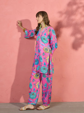 Cotton Blend  Floral Print Summer Wear Straight Co-ords Set (Pink)