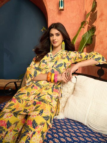 Cotton Blend  Floral Print Summer Wear Straight Co-ords Set (Yellow)