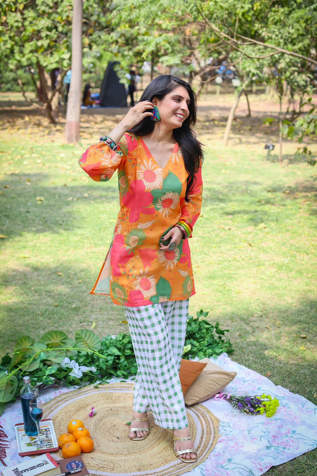 Orange Linen Floral Print Straight Kurta with Palazzo Coord Set
