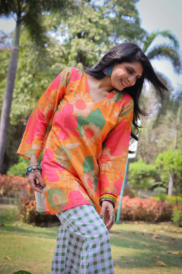 Orange Linen Floral Print Straight Kurta with Palazzo Coord Set