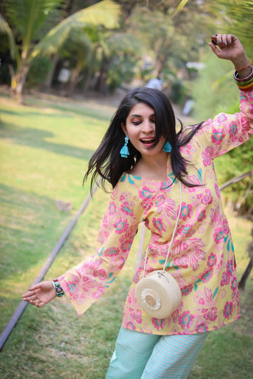Yellow Linen Floral Print Straight Kurta with Palazzo Coord Set