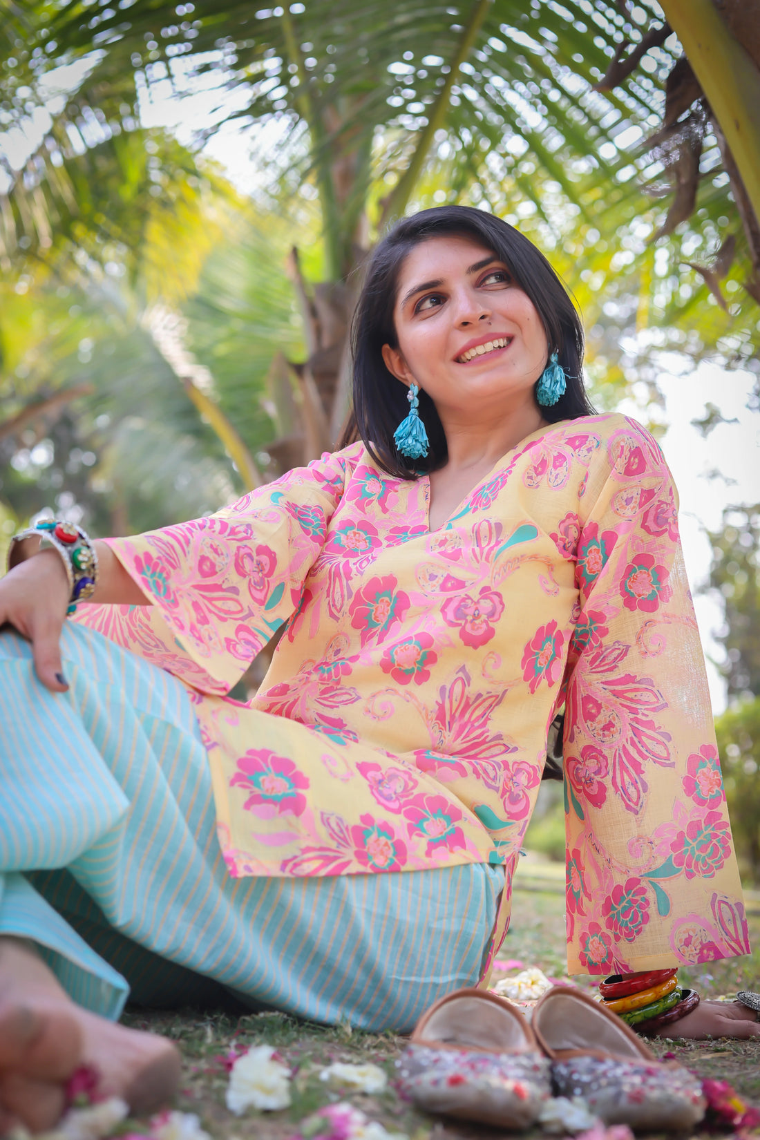 Yellow Linen Floral Print Straight Kurta with Palazzo Coord Set
