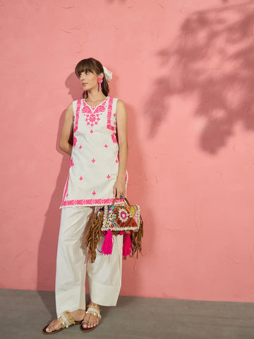Off White Cotton Blend Floral Embroidered Straight Kurta with Farshi Salwar Set