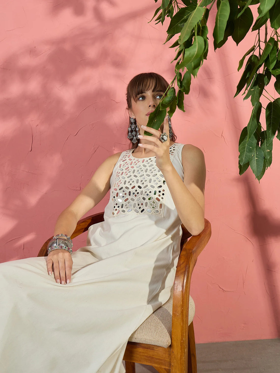 White Cotton Silk Miror Work A Line Kurta With Pant Set |Navratri Wear