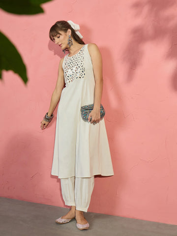 White Cotton Silk Miror Work A Line Kurta With Pant Set |Navratri Wear
