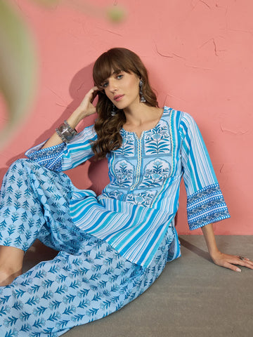 Sky Blue Cotton Floral Block Print Straight Kurta with Farshi Salwar Suit