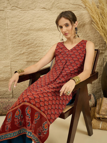 Maroon Viscose Rayon Ethnic Motif Printed A-Line Pocket Kurta With Palazzo
