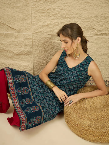Teal Viscose Rayon Ethnic Motif Printed A-Line Pocket Kurta With Palazzo